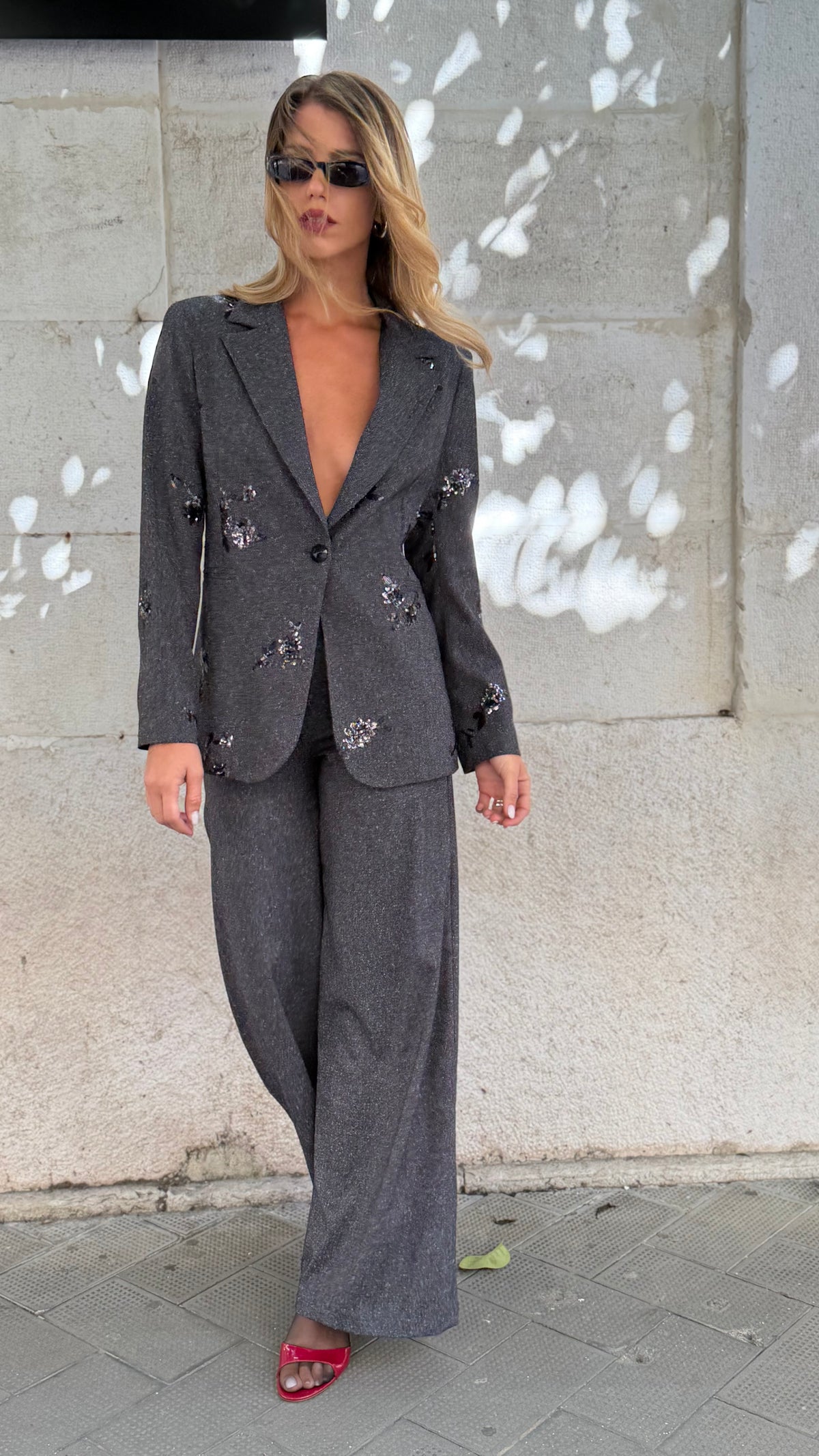 Black suit with embroidered jacket and wide-leg trousers
