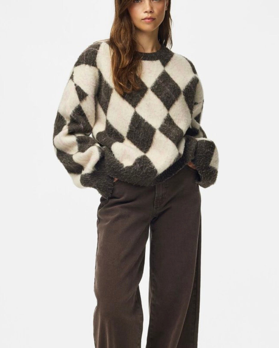 Maglione rombi grigio/panna scollatura tonda