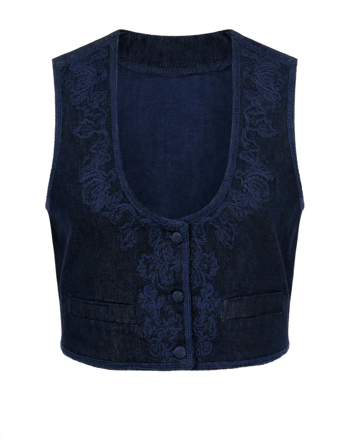 Completo gilet smanicato e jeans palazzo con dettagli ricami
