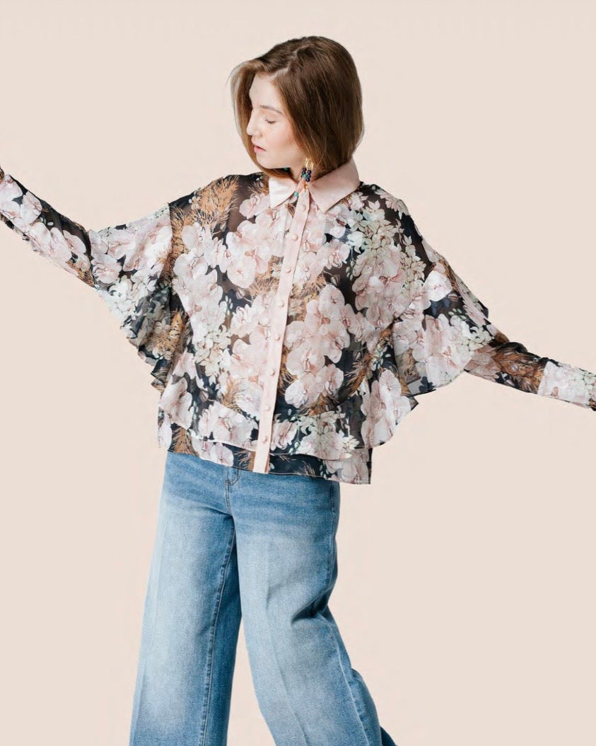 Camicia fantasia manica lunga con balze