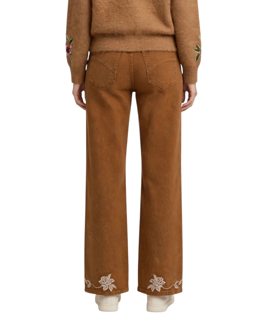 Jeans camel palazzo con ricamo