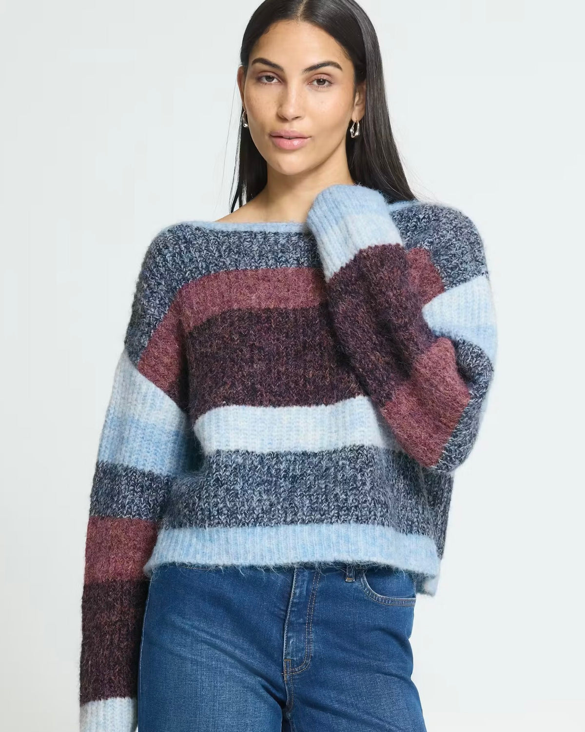 Maglione fantasia righe bordeaux/celeste