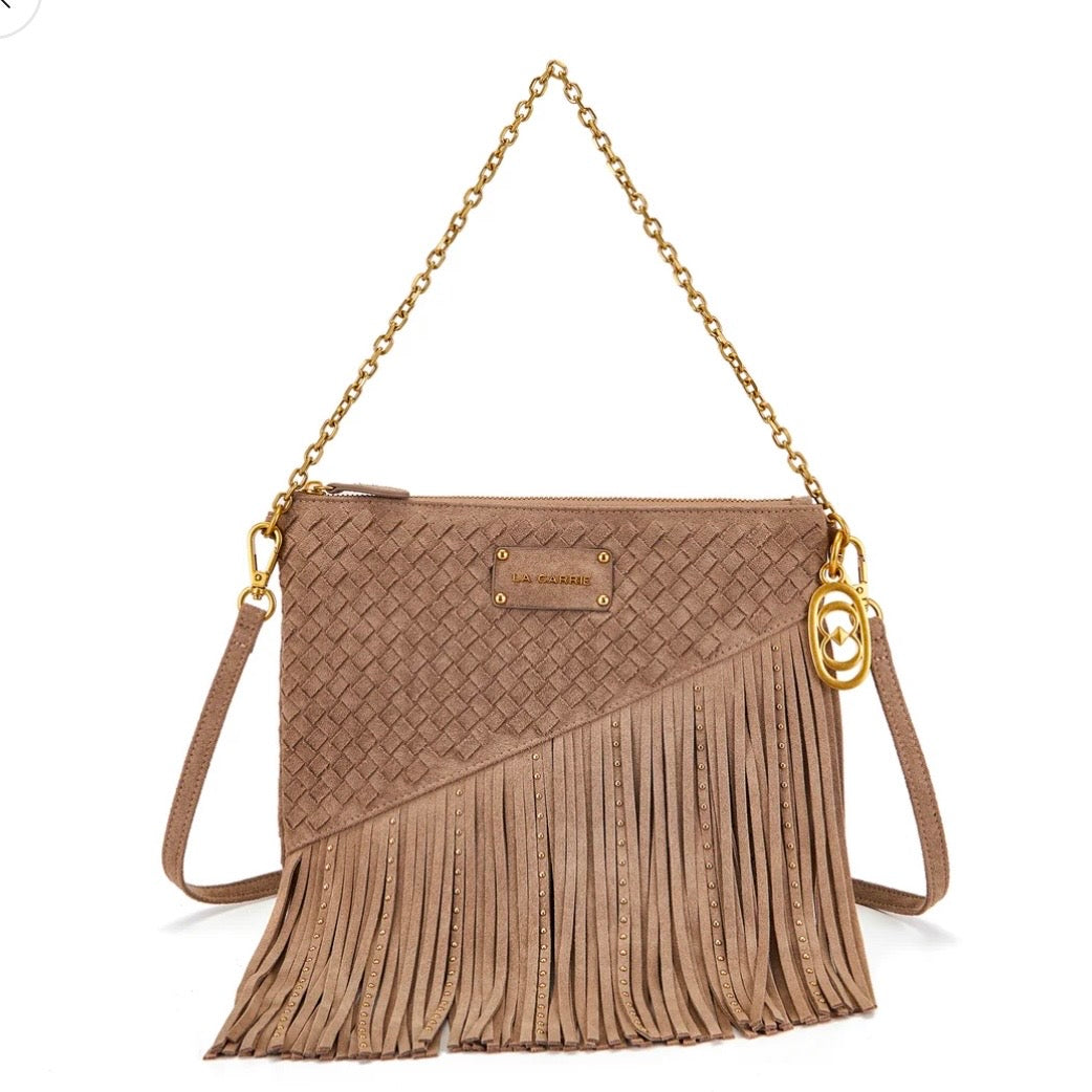 Pochette suede taupe con frange e borchie oro