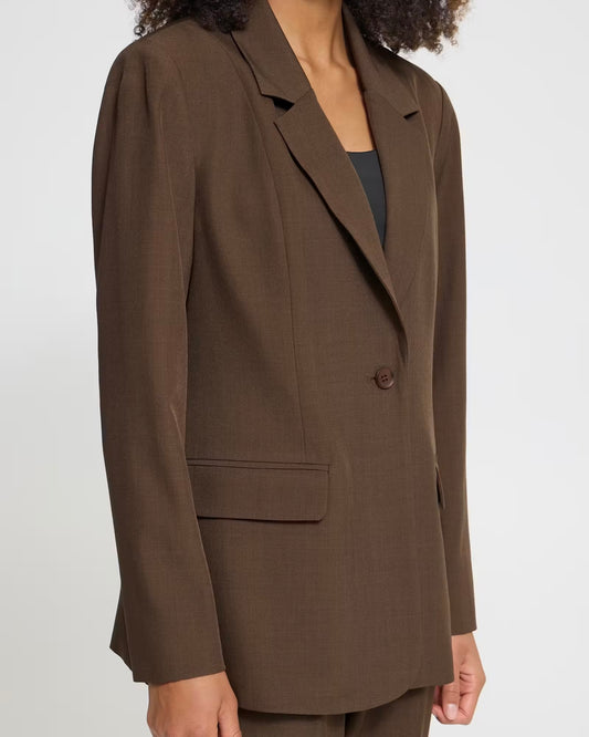 Dark brown suit with regular jacket and palazzo trousers with elasticated waist