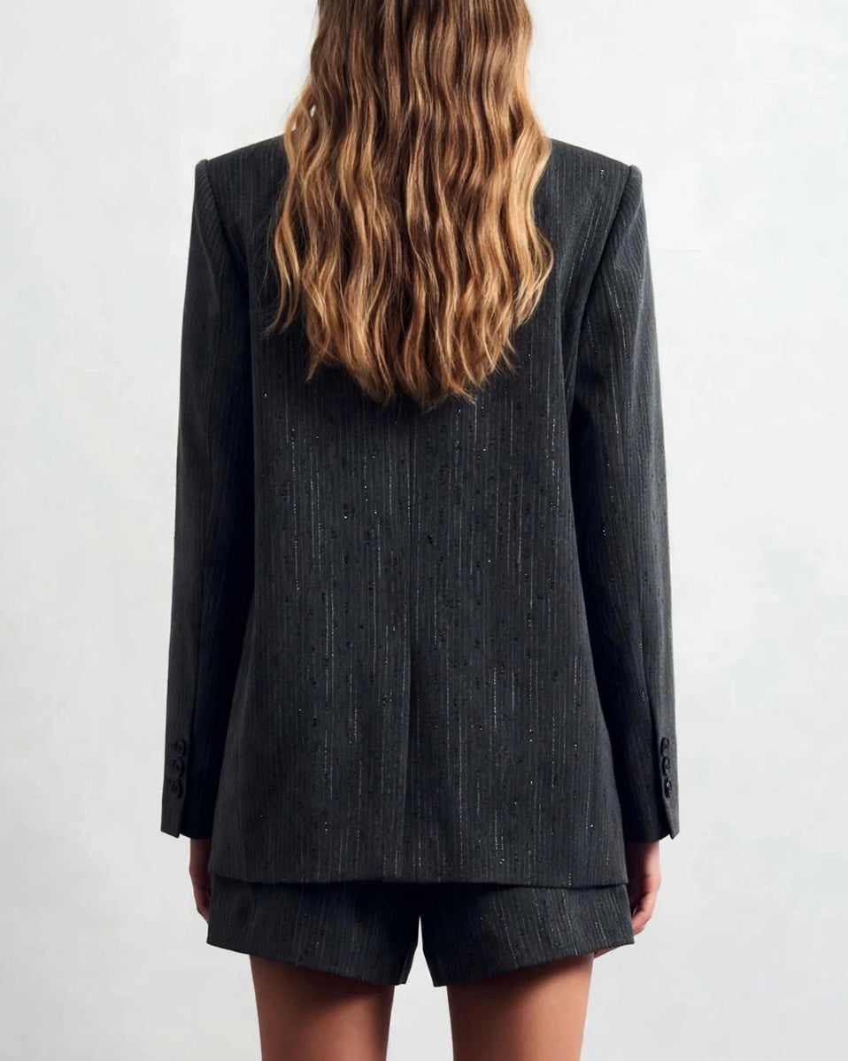 Grey set with jacket and shorts featuring micro-sequins