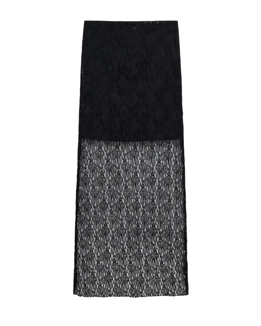 Completo in pizzo nero maglia con scollatura tonda e gonna lunga con gonnellino foderato