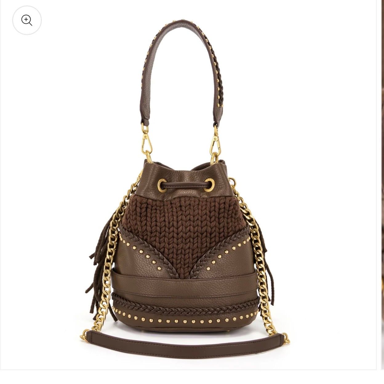 Secchiello grande brown in pelle e lana intrecciata