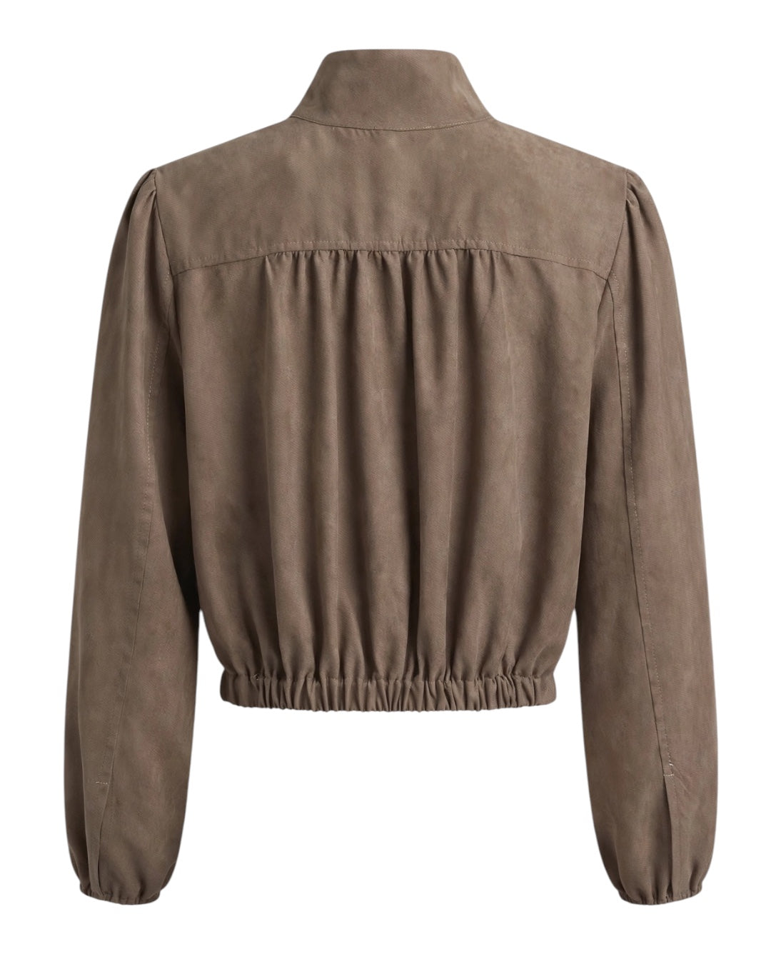 Mud-colored set consisting of a shirt with a Peter Pan collar, elasticated waist, and a long skirt with gathers and a belt at the waist