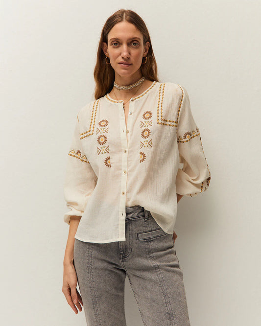 Camicia in cotone manica lunga fondo bianco con decorazioni colorate