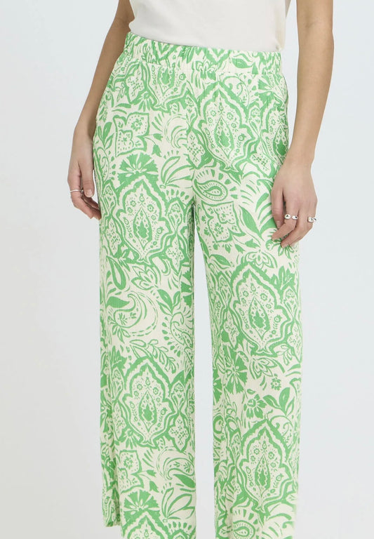 Pantalone fantasia panna e verde con elastico in vita