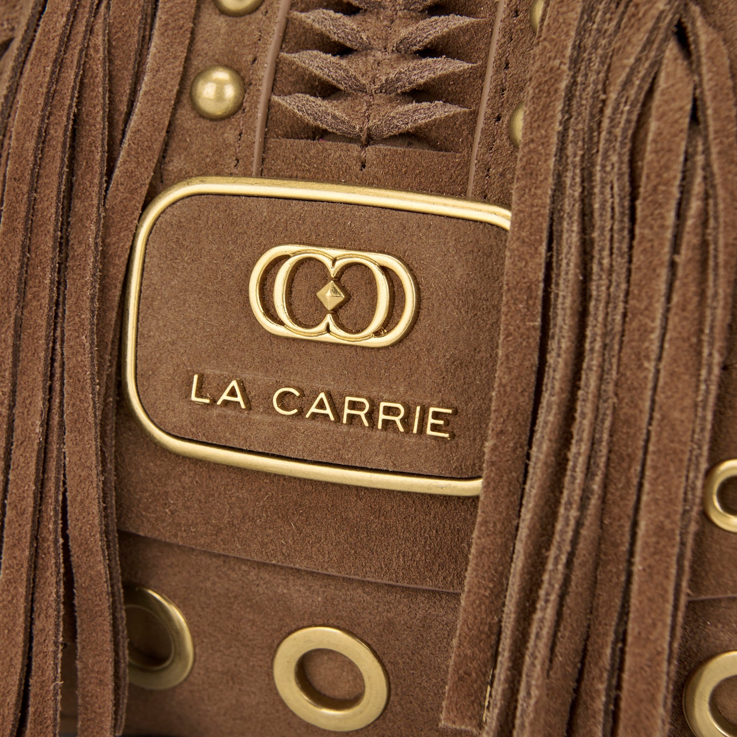 Borsa a spalla suede cuoio con frange e borchie a contrasto oro
