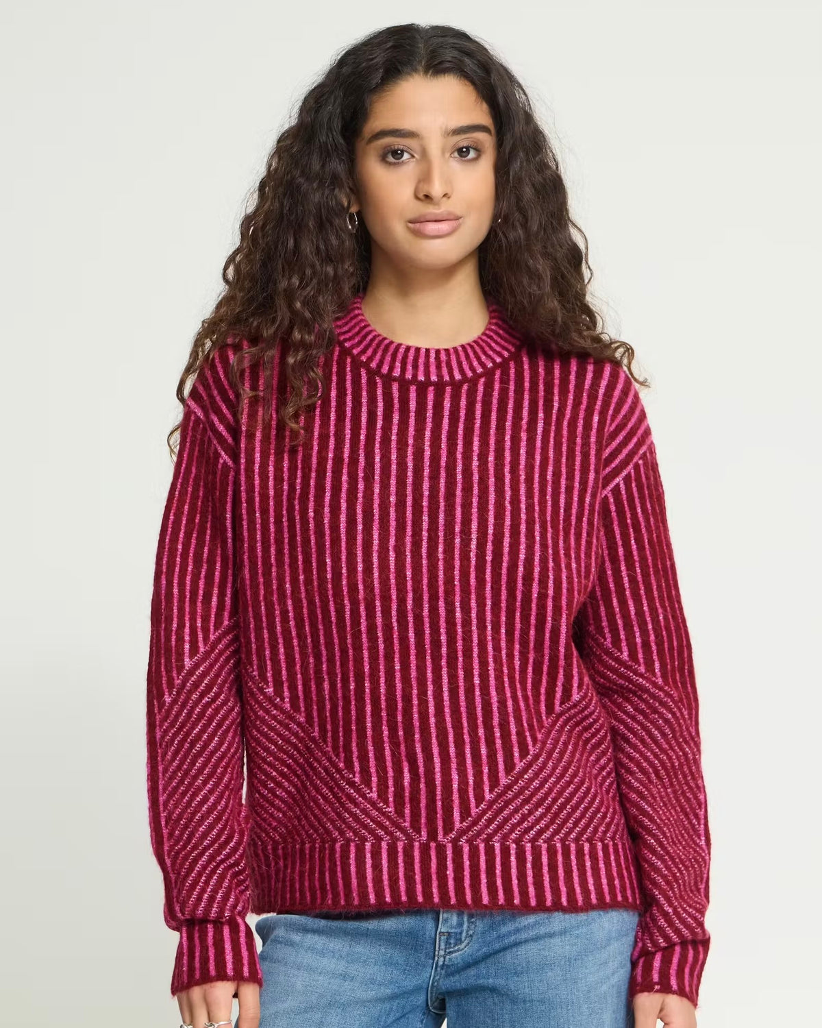Maglione bicolor bordeaux/fuxia scollatura tonda