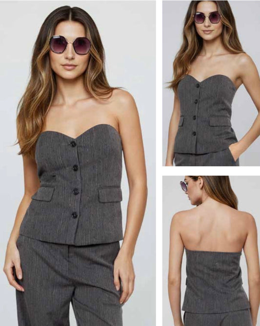 Top grey scollatura a cuore con micro paillettes