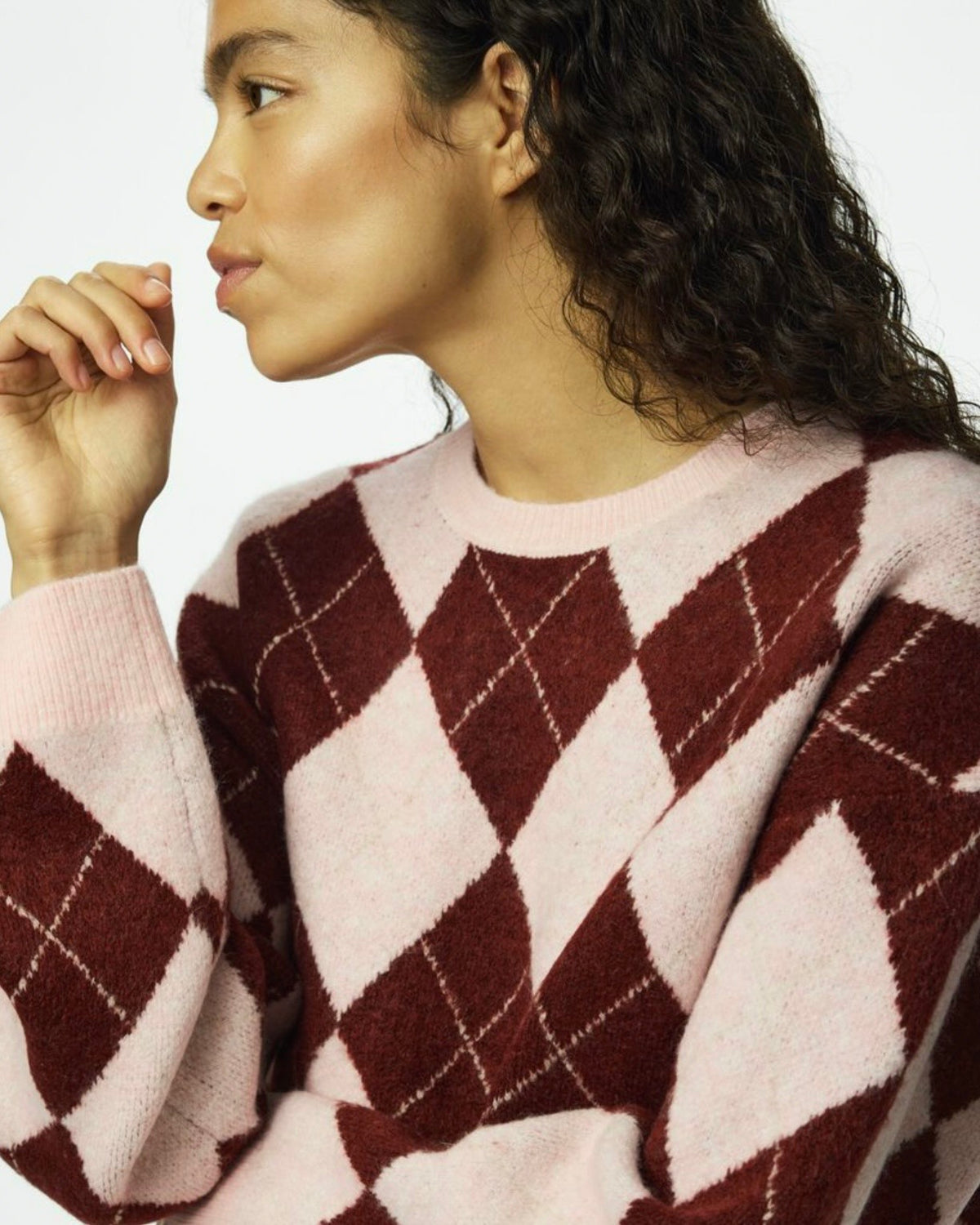 Maglione rombi bordeaux/panna scollatura tonda