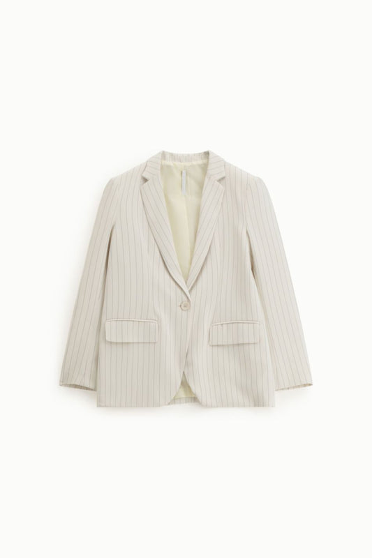 Tailleur panna con blazer monopetto gessato e pantalone a palazzo