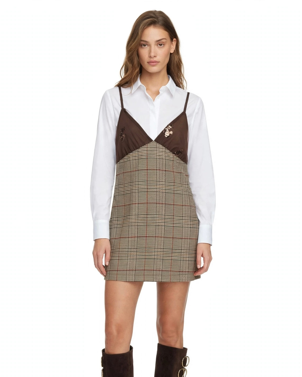 Short dress with thin straps in a Prince of Wales check pattern