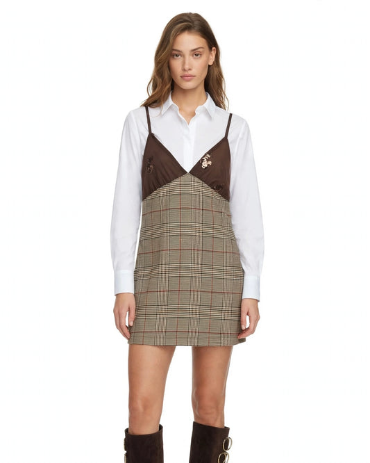 Short dress with thin straps in a Prince of Wales check pattern