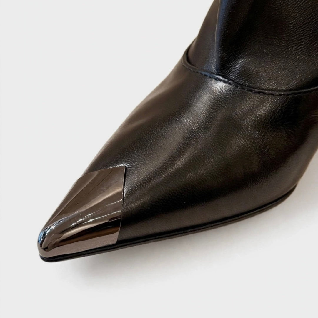 Black nappa low ankle boot with metal toe
