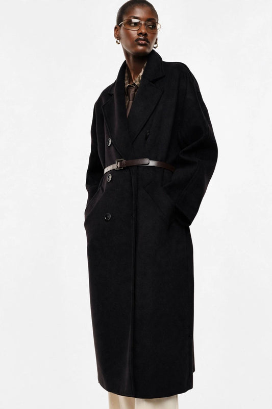 Long black double-breasted coat with belt and pockets