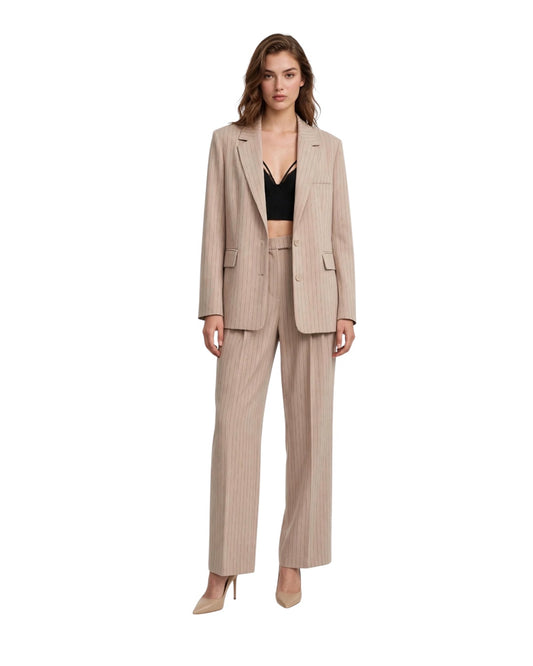 Tailleur gessato beige giacca e pantalone a palazzo