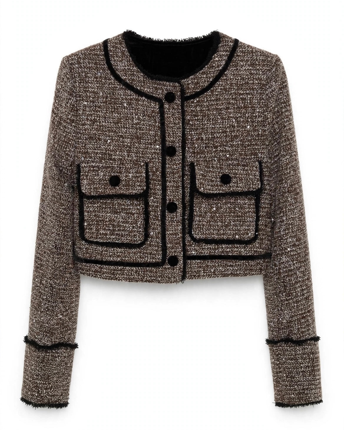 Completo moro in tweed giacca corta con taschini e bottoni in velluto e gonna corta a pieghe