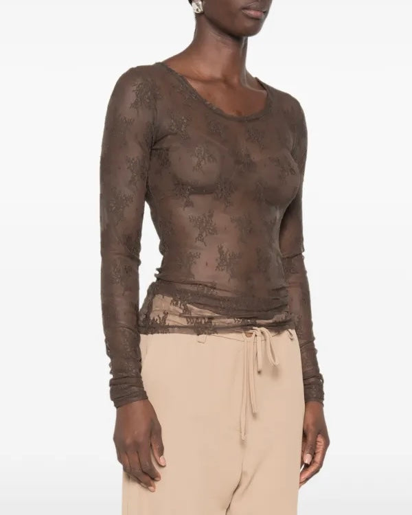 Maglia cioccolato manica lunga effetto pizzo