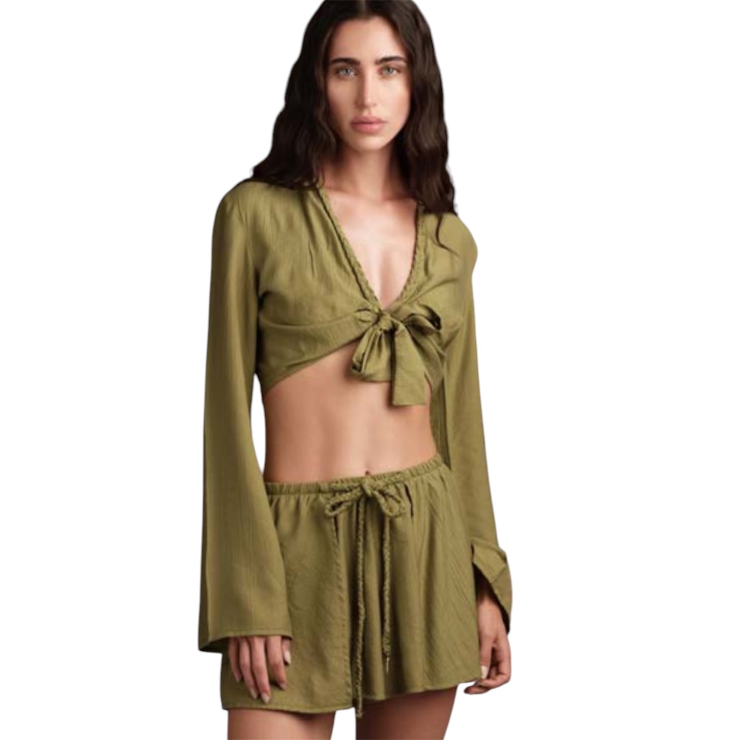 Top crop verde con incrocio in vita