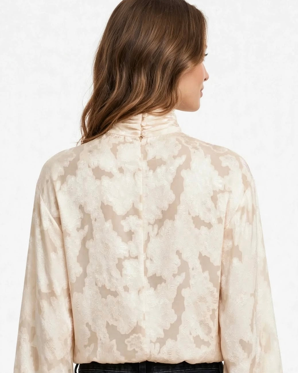 Cream blouse with gathered sleeves and damask effect