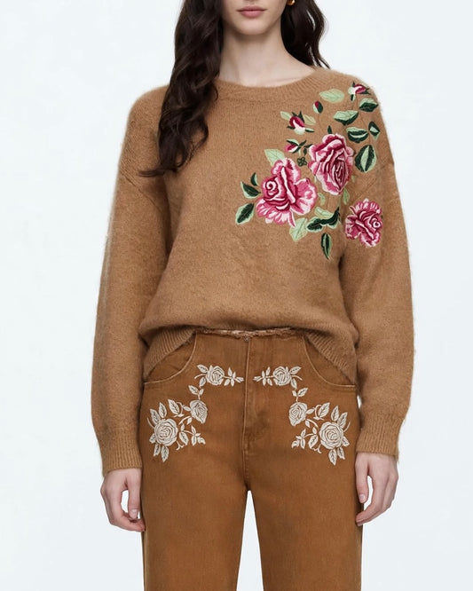 Camel sweater with floral embroidery details