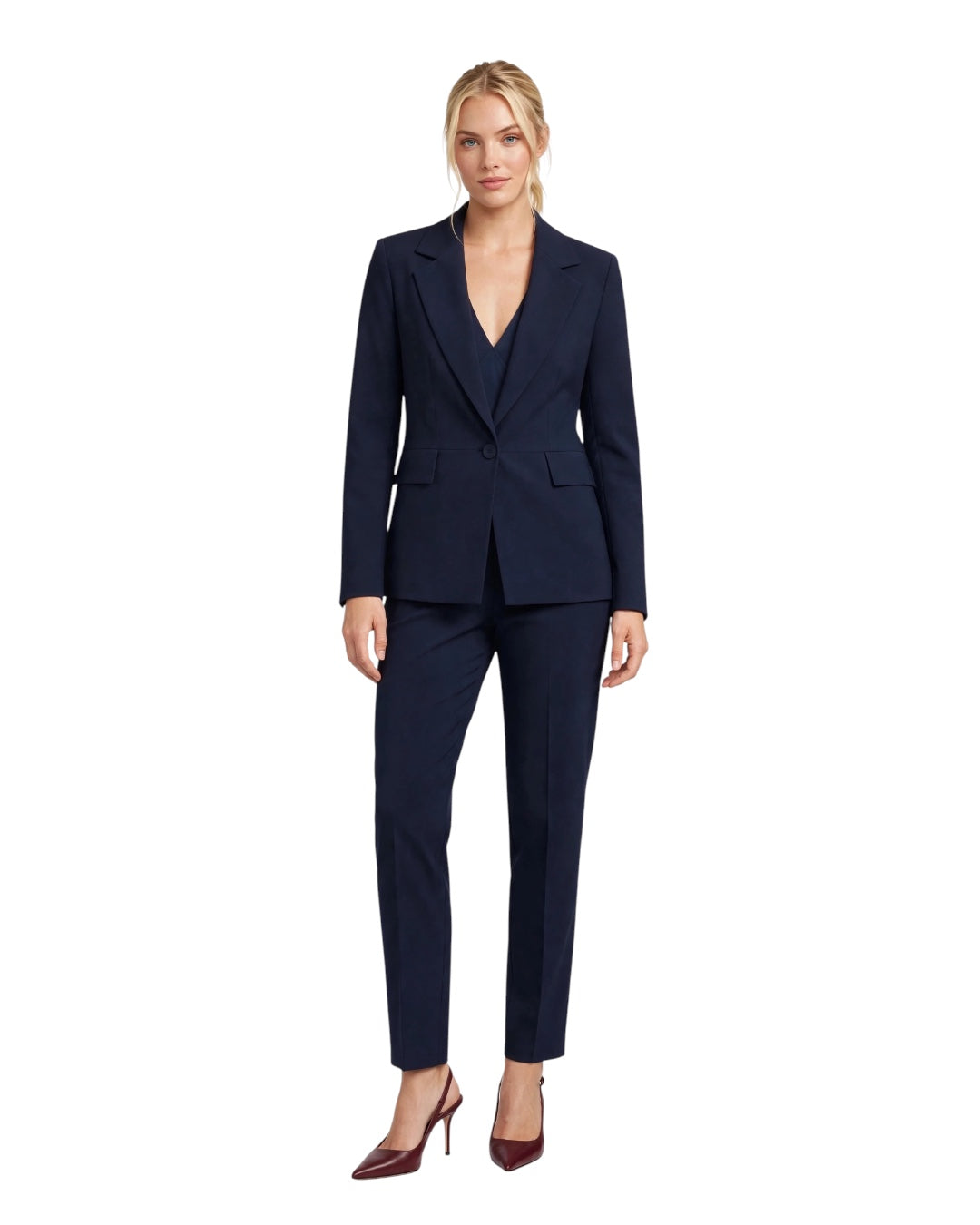 Tailleur blu giacca monopetto e pantalone sigaretta