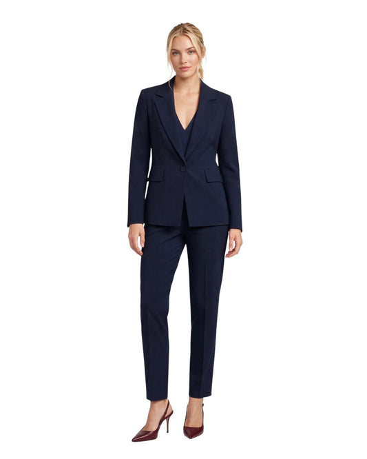 Blue suit with single-breasted jacket and cigarette trousers