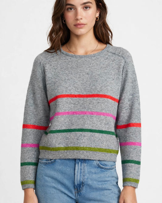 Grey sweater with contrasting multicolored stripes