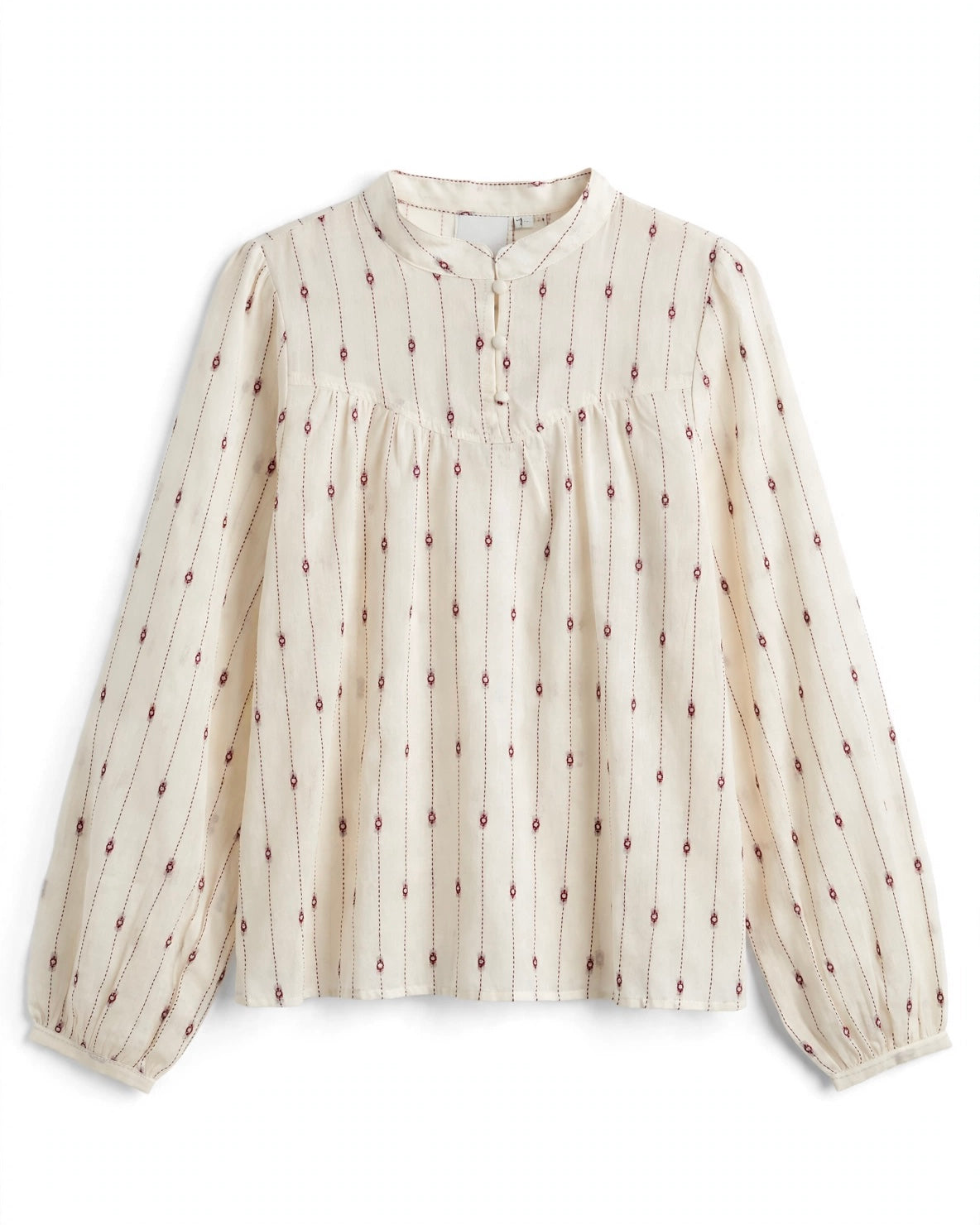 Blusa panna collo pistagnina e bottoni con dettagli ricami bordeaux