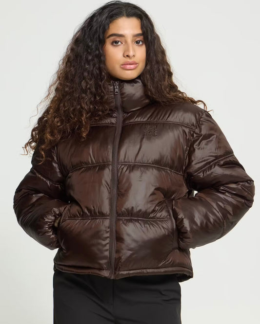 Short dark brown puffer jacket