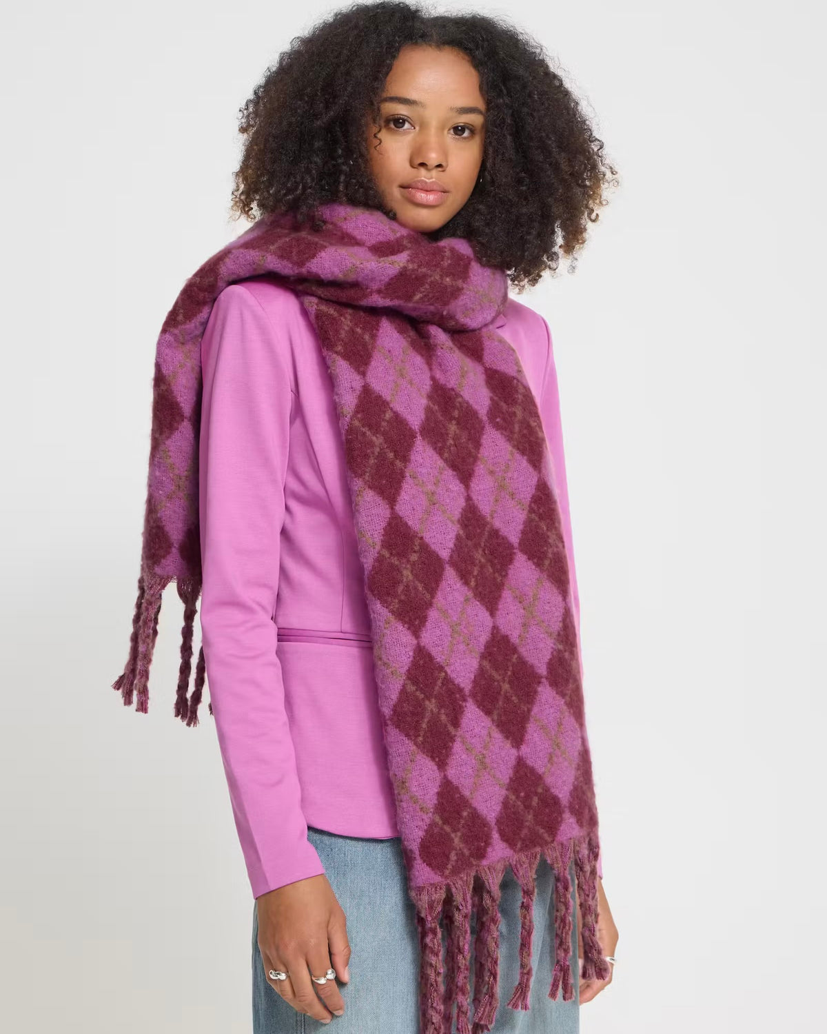 Sciarpa rombi fuxia/bordeaux con frange