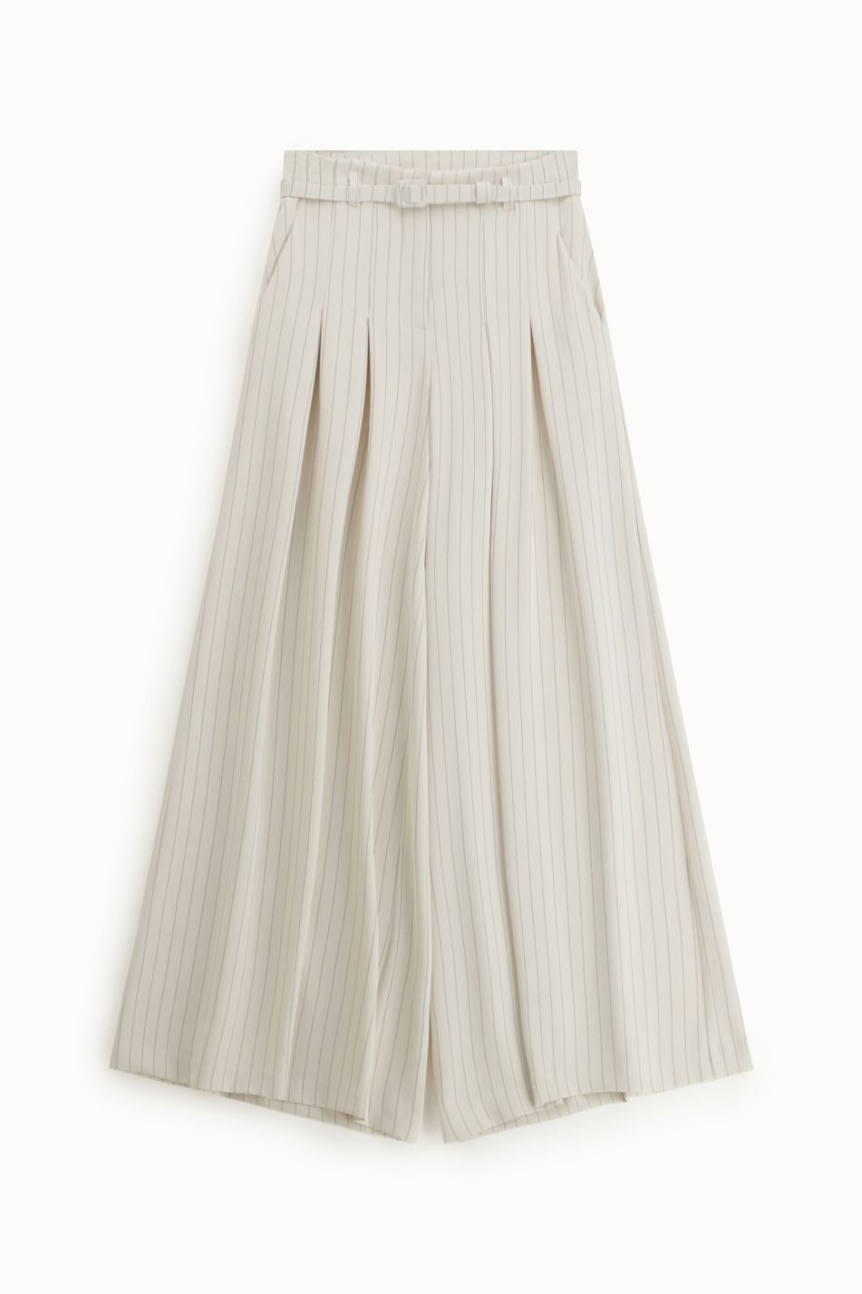 Tailleur panna con blazer monopetto gessato e pantalone a palazzo