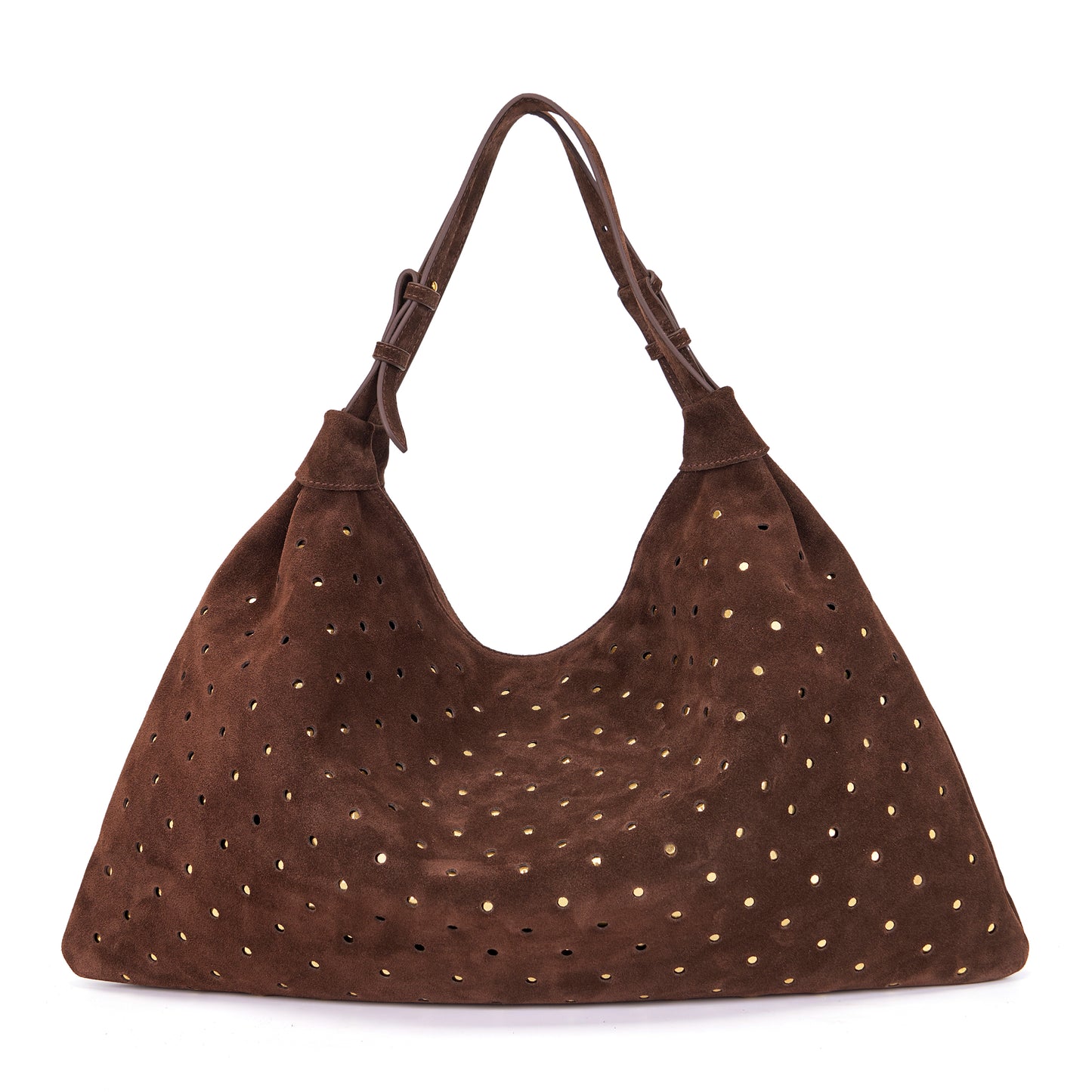 Borsa grande a spalla brown in suede con borchie oro