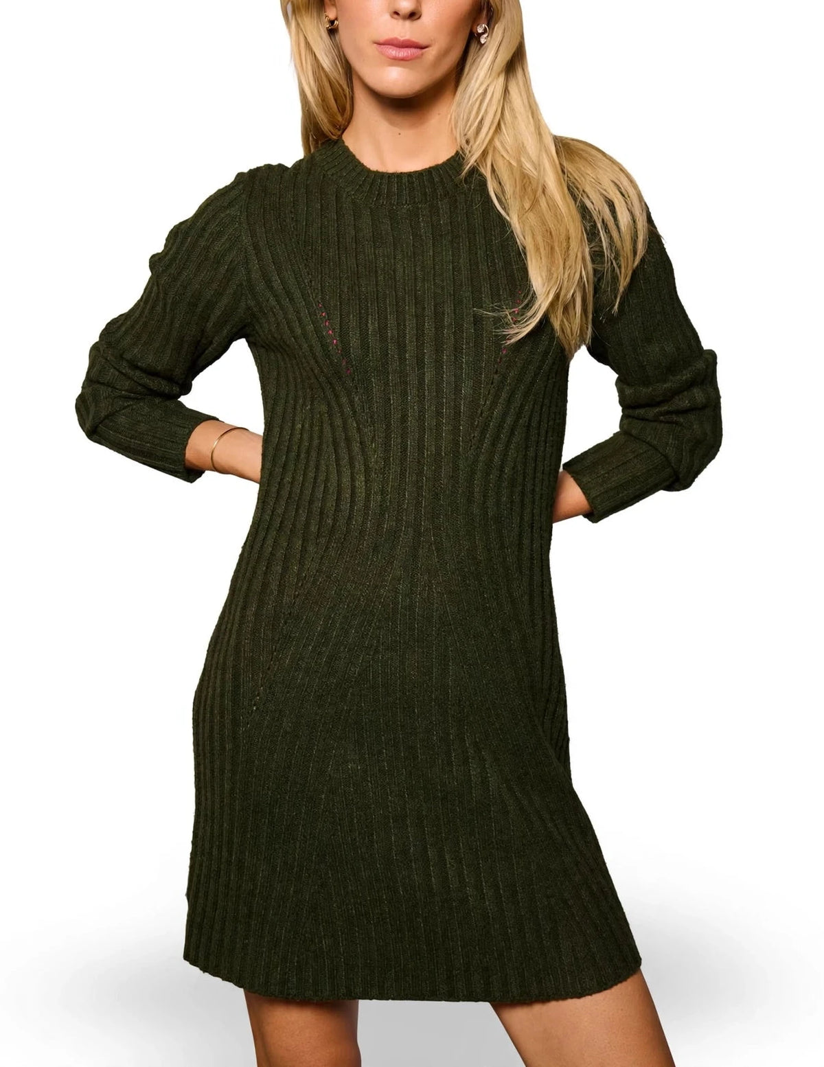 Green ribbed dress with round neckline