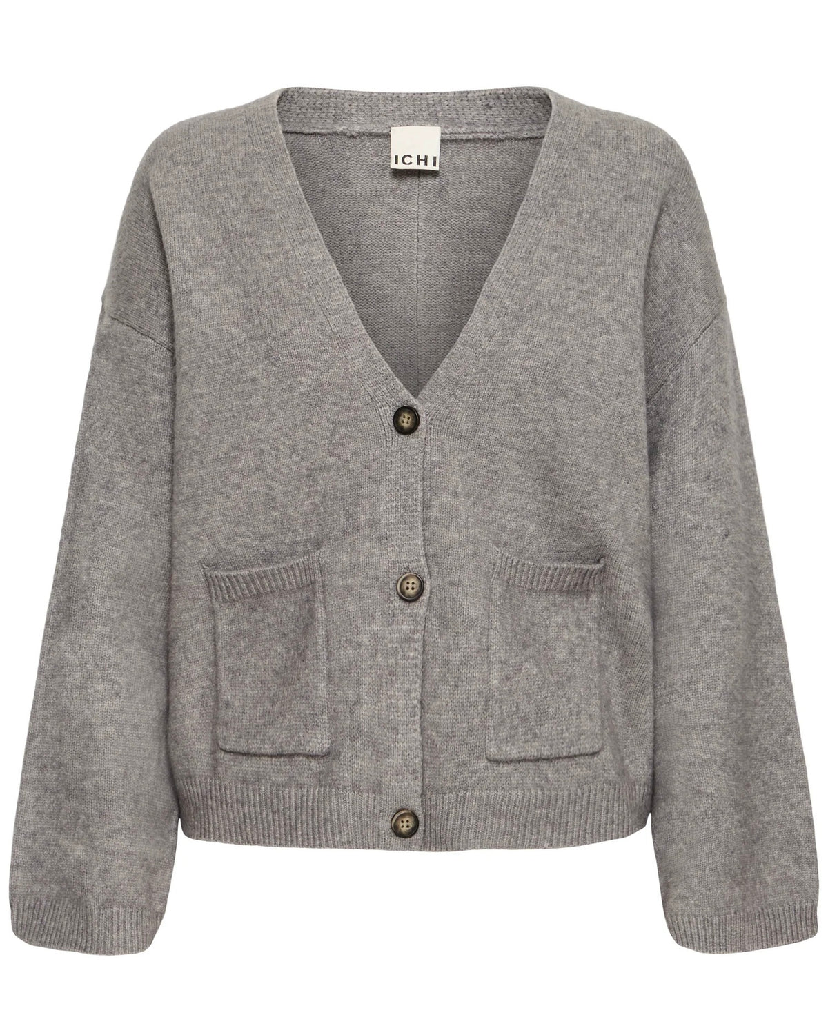 Cardigan grigio con bottoni e taschini