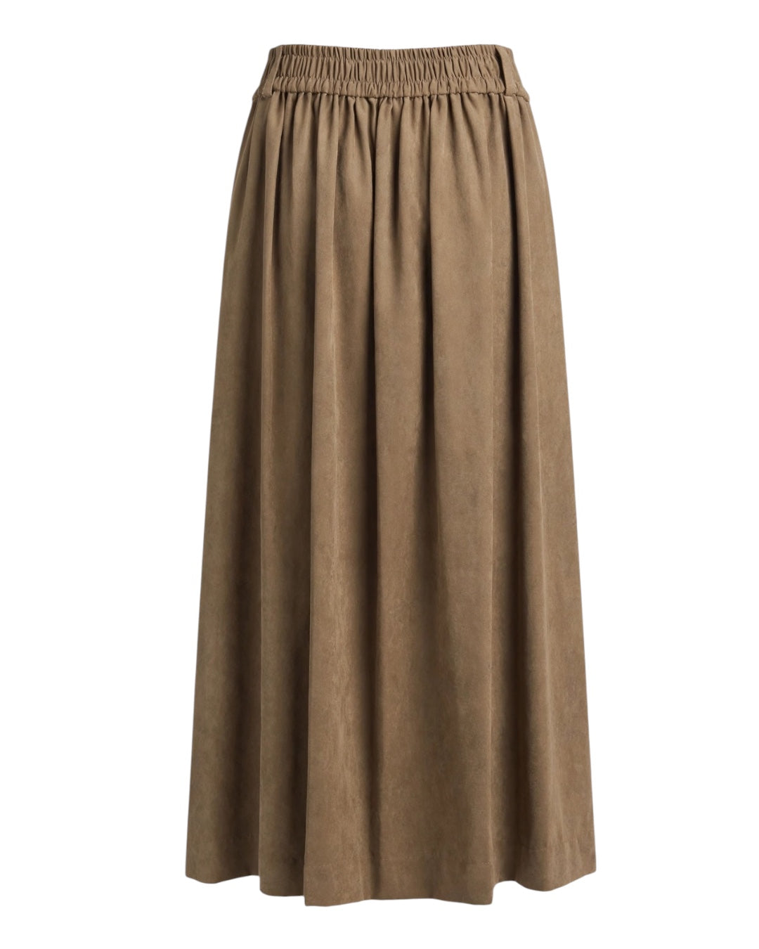 Mud-colored set consisting of a shirt with a Peter Pan collar, elasticated waist, and a long skirt with gathers and a belt at the waist