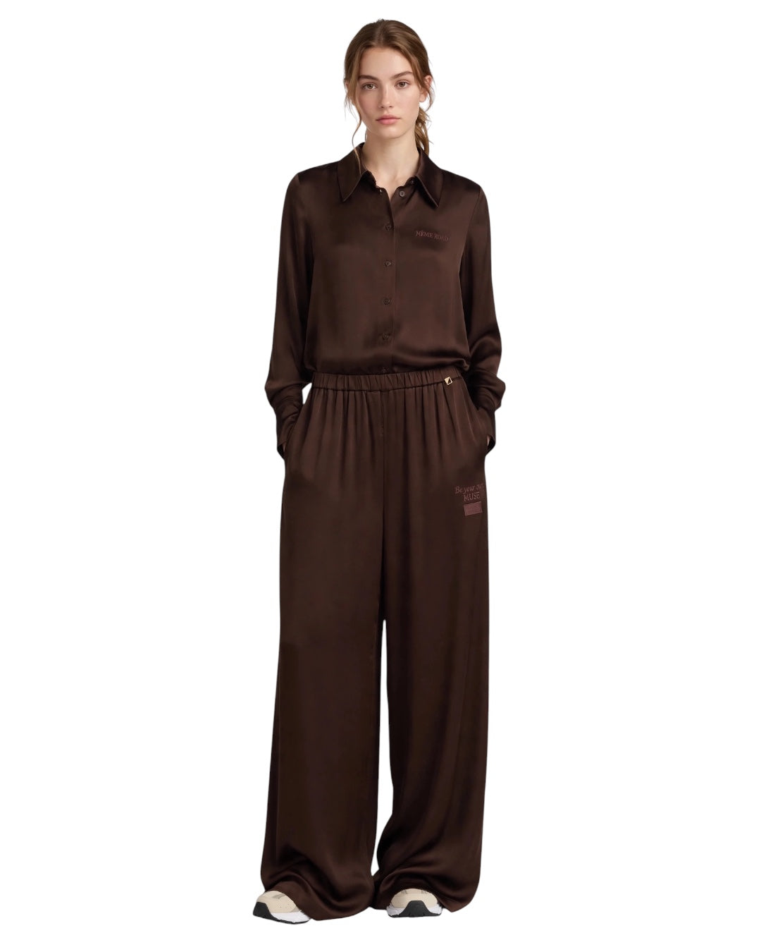 Completo choco camicia e pantalone in viscosa effetto satin