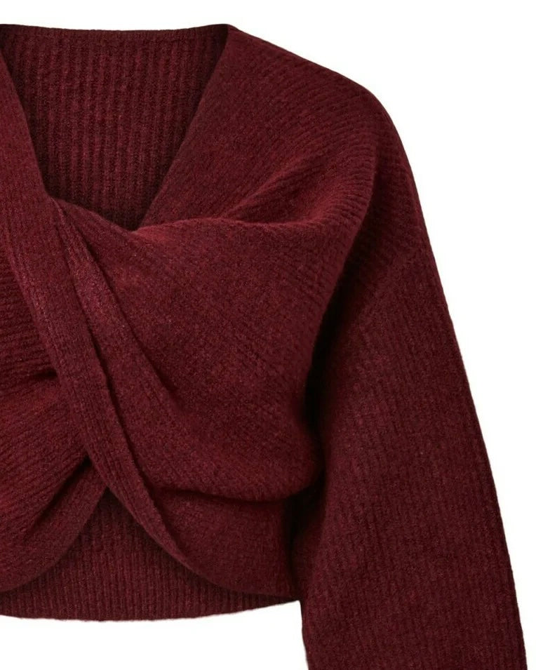 Maglione crop bordeaux con incrocio sulla parte davanti