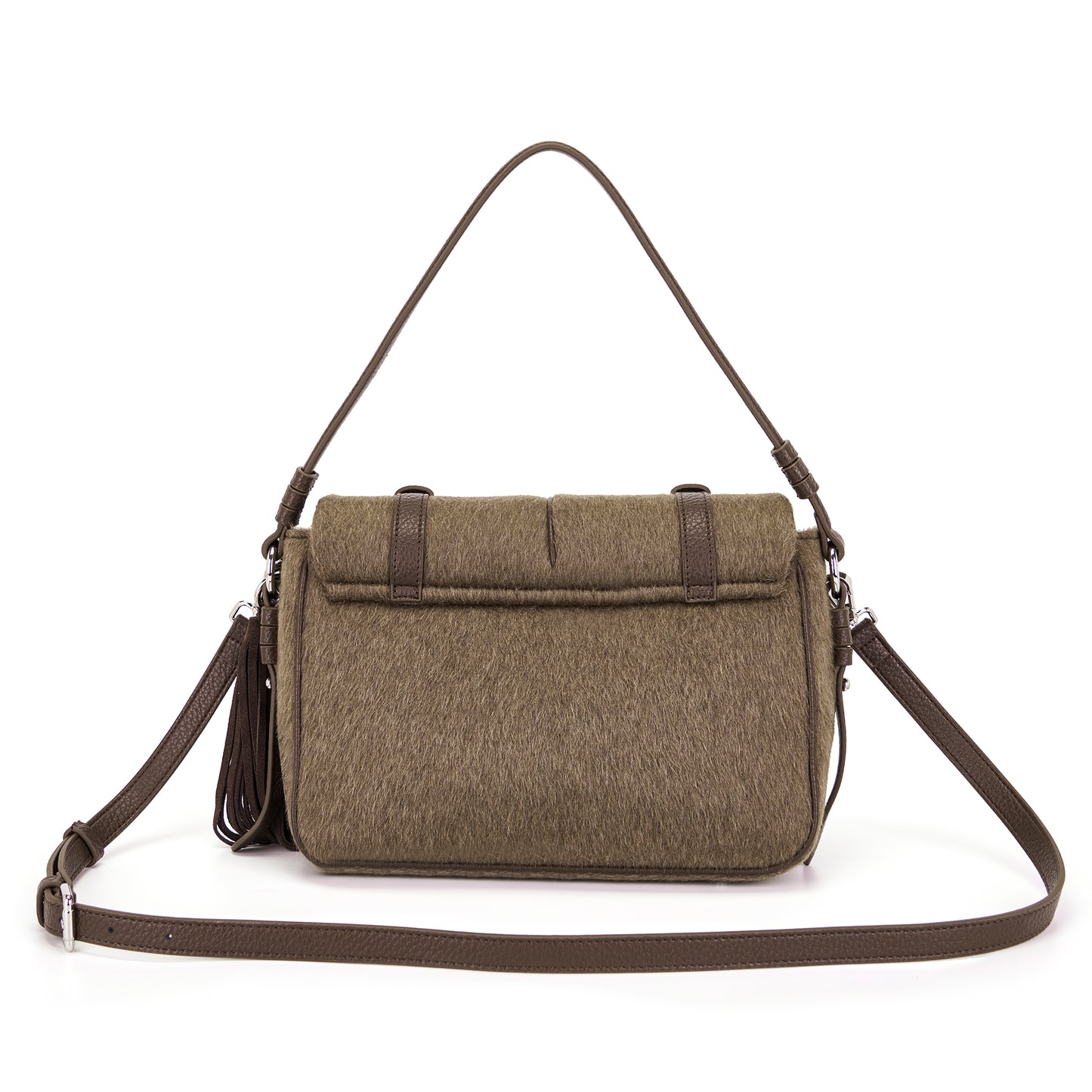 Borsa a spalla brown effetto lana con accessorio