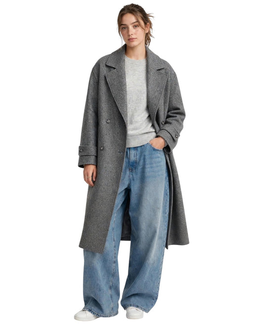Long grey double-breasted coat