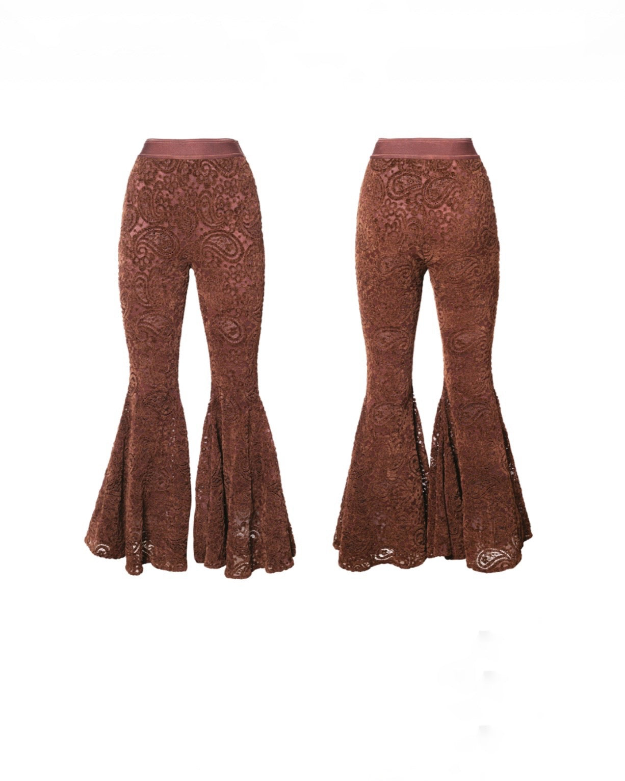 Pantalone a zampa cioccolato con dettagli in pizzo e velluto