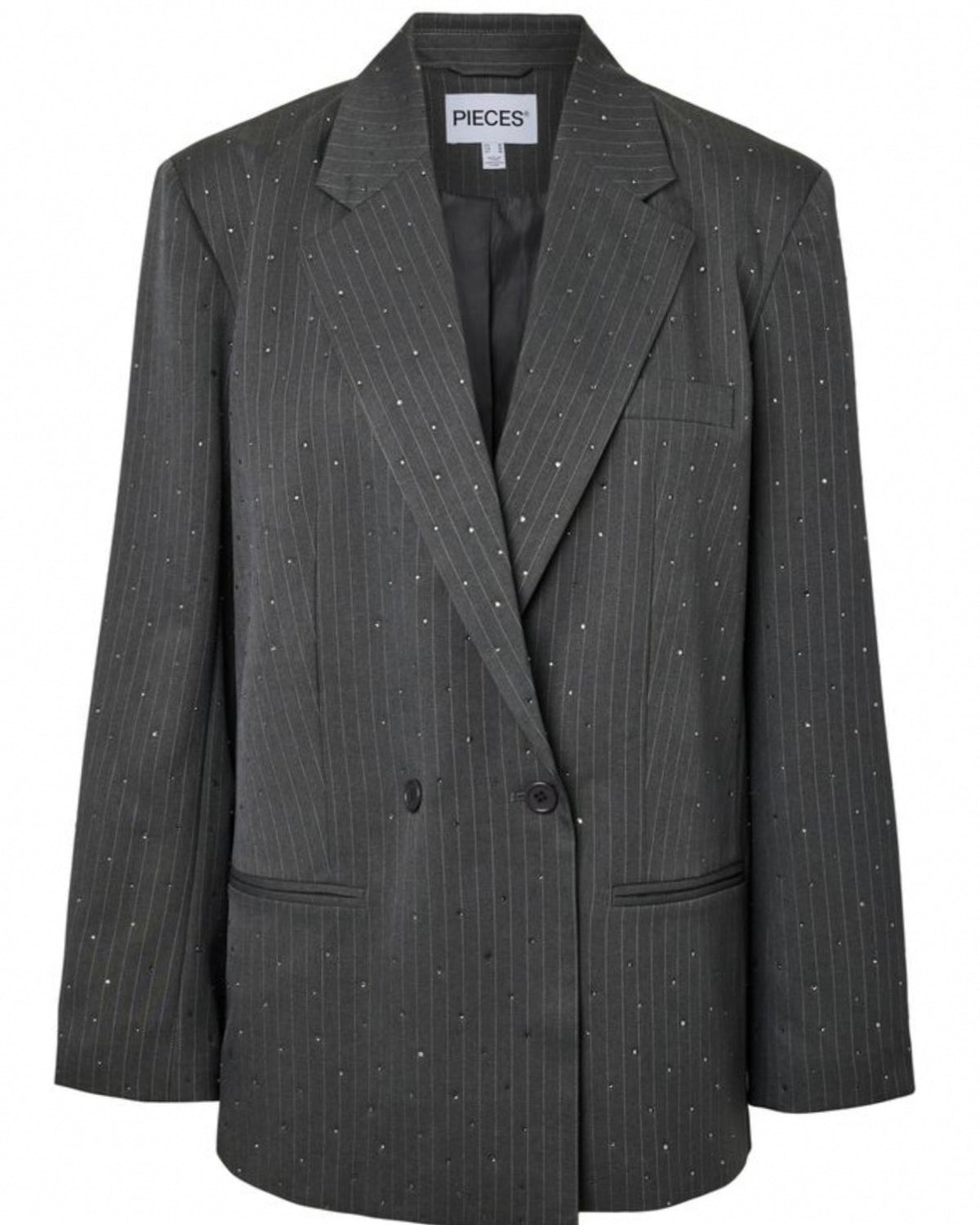 Tailleur grey dettagli strass giacca monopetto e pantalone palazzo  con elastico in vita