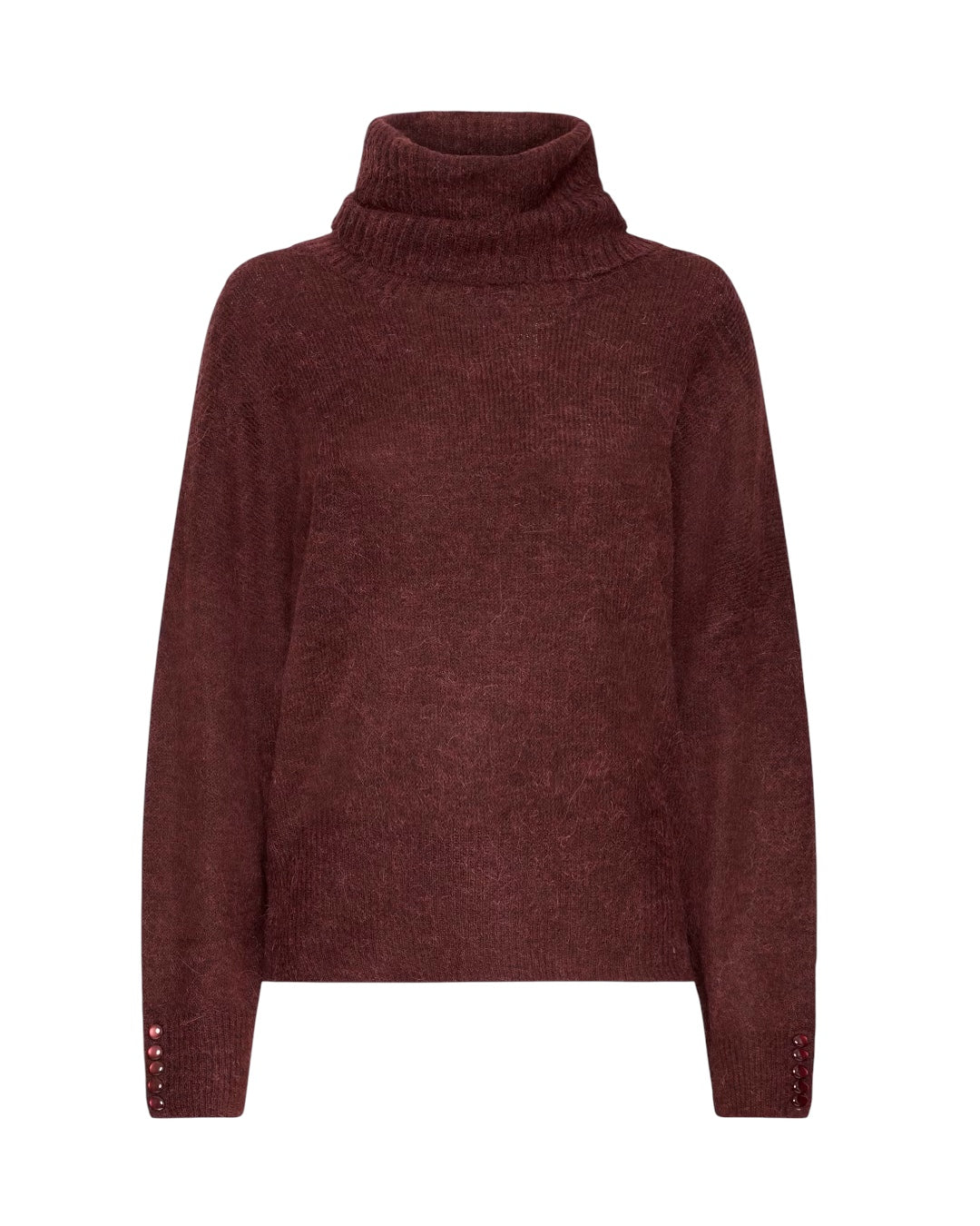 Maglione bordeaux oversize collo alto e bottoni sui polsini