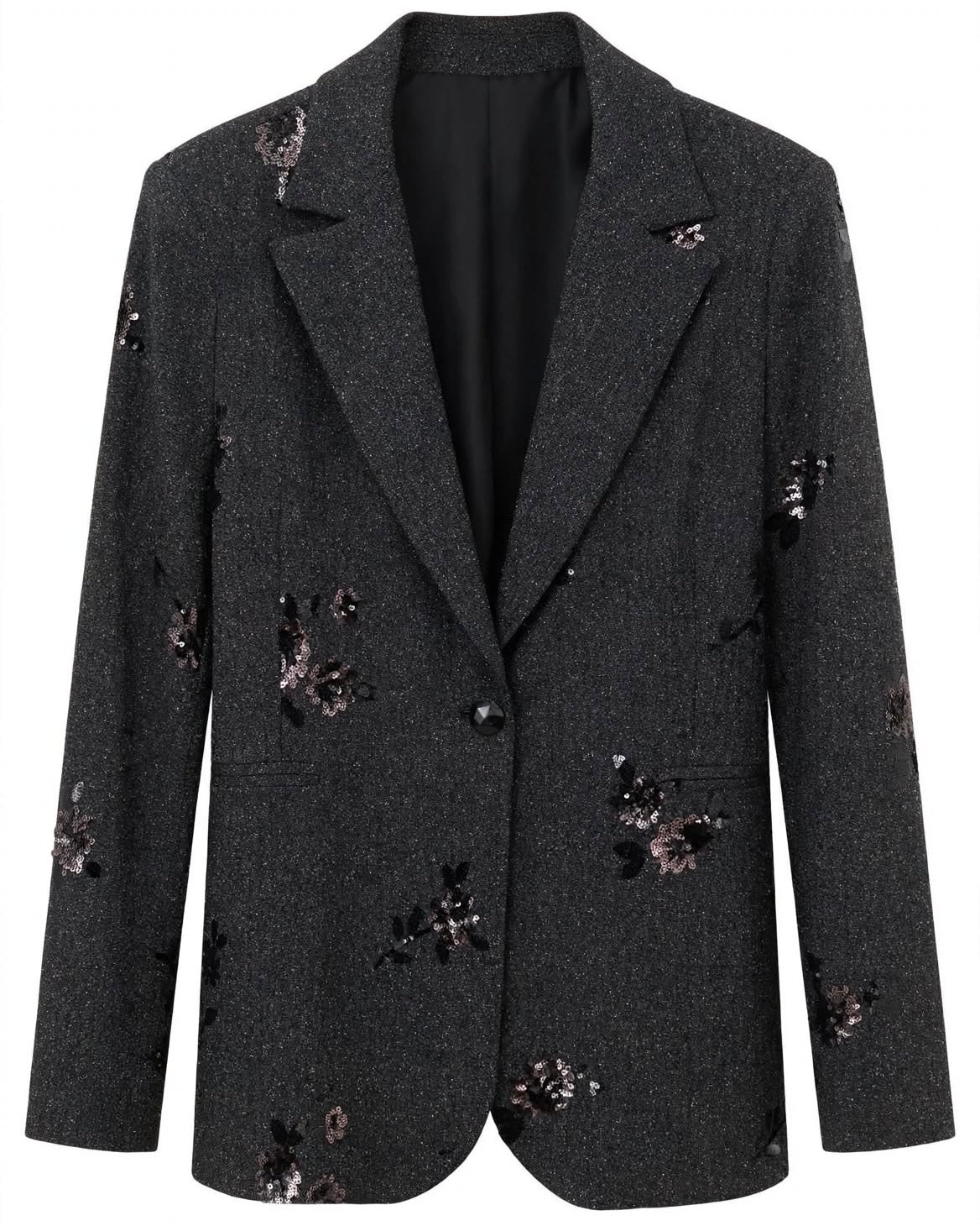 Tailleur nero giacca ricamata e pantalone largo