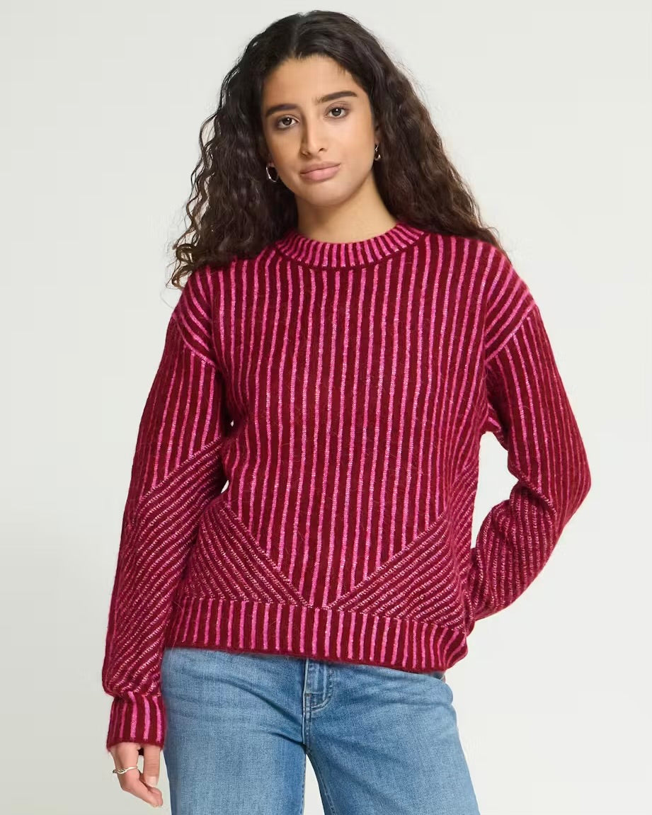 Maglione bicolor bordeaux/fuxia scollatura tonda