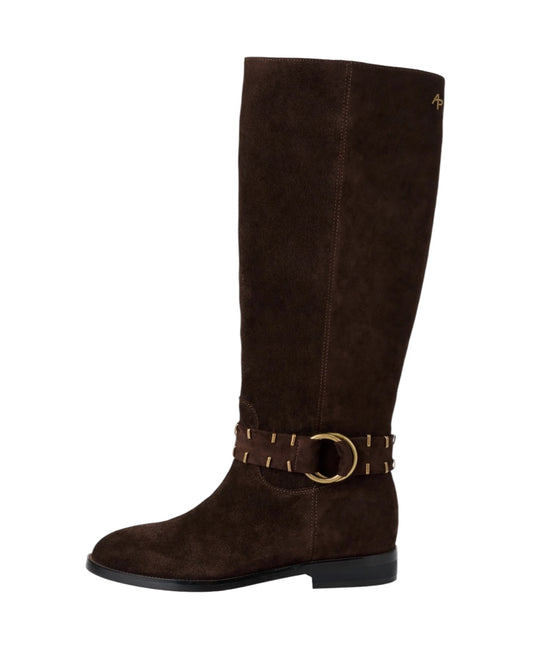 Tall dark brown suede boot with zip and ankle detail